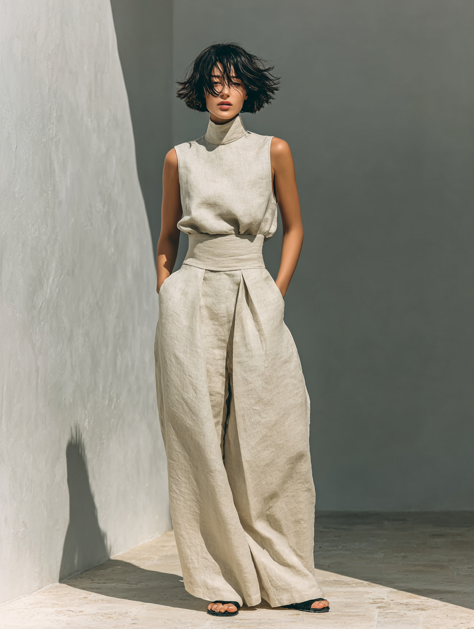 Set composto da camicetta senza maniche e pantaloni a gamba larga in misto cotone e lino.