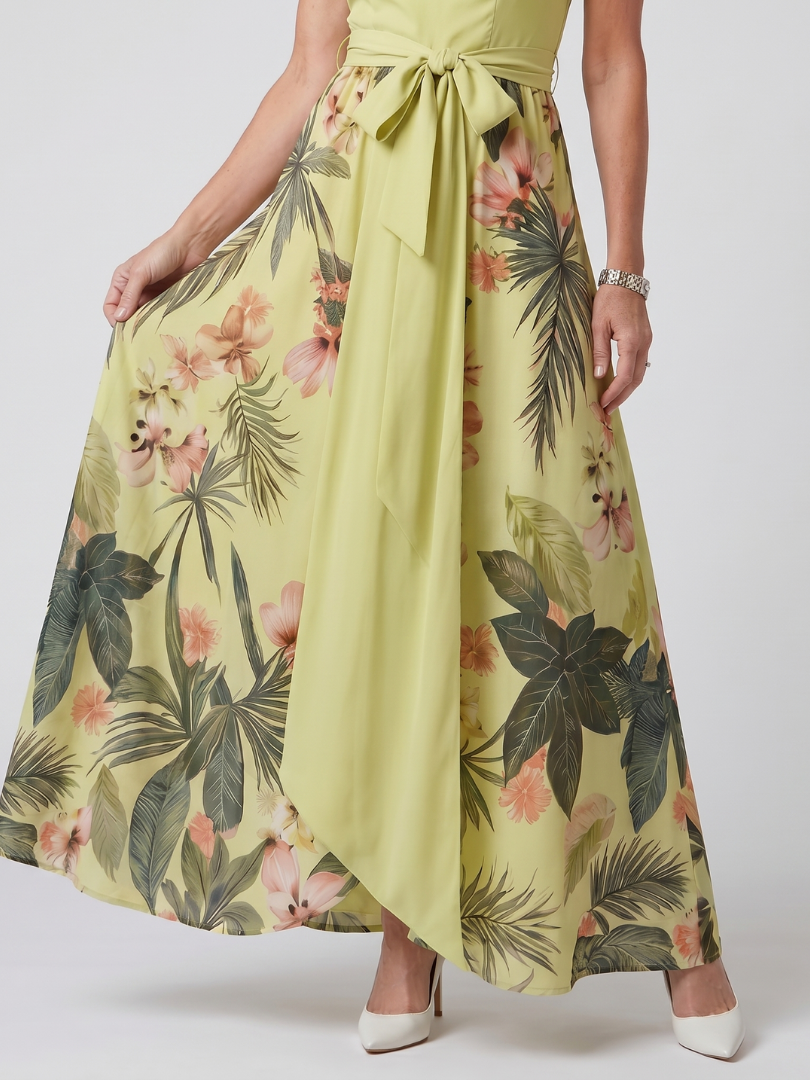 Sandra | Abito lungo con scollo all’americana drappeggiato e pannelli botanici