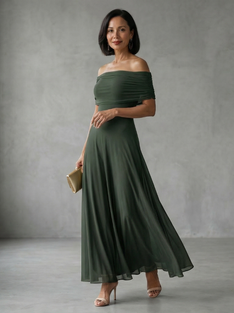 Giugno | Abito midi drappeggiato off-shoulder