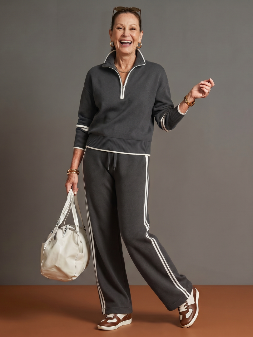 Lorenza | Set con Top a Maniche Lunghe con Zip e Pantaloni a Gamba Larga con Striscia Laterale