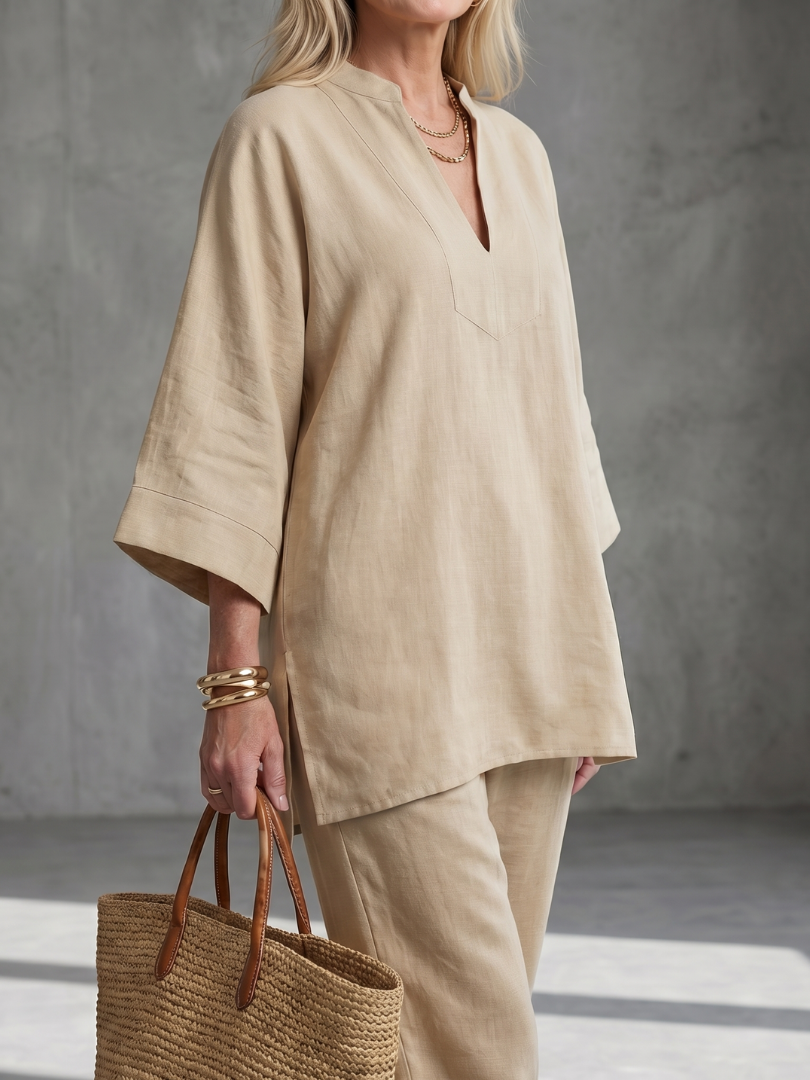 Georgiana | Completo tunica con scollo a V e pantaloni con orlo arricciato