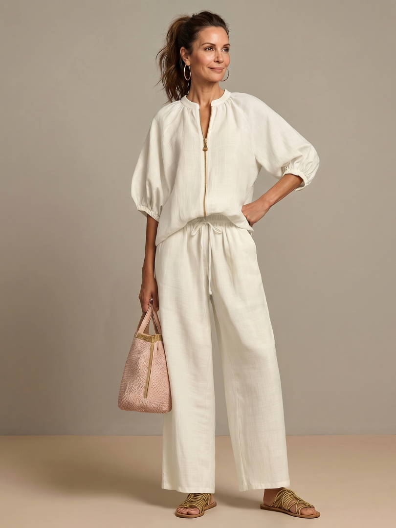 Natalia | Completo con Blusa con Zip e Pantaloni a Gamba Larga