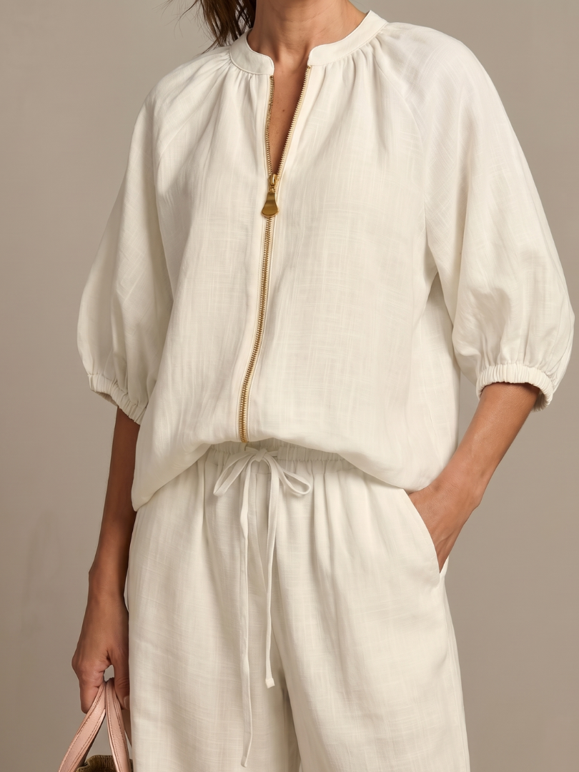 Natalia | Completo con Blusa con Zip e Pantaloni a Gamba Larga