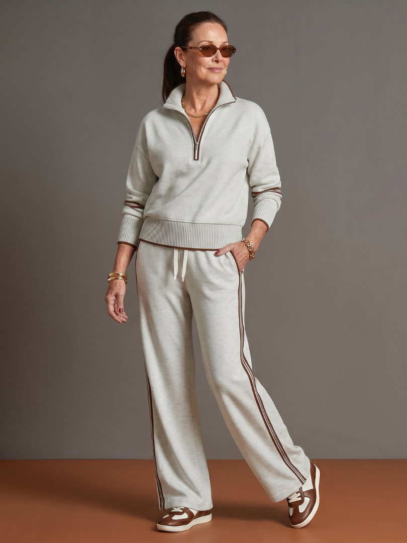 Lorenza | Set con Top a Maniche Lunghe con Zip e Pantaloni a Gamba Larga con Striscia Laterale