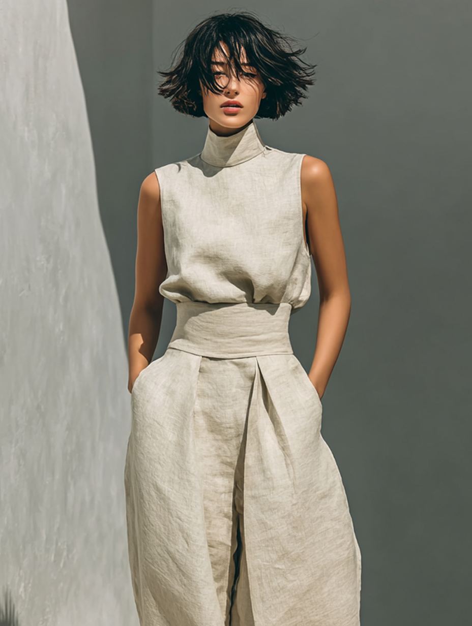 Set composto da camicetta senza maniche e pantaloni a gamba larga in misto cotone e lino.