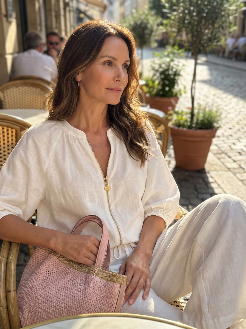 Natalia | Completo con Blusa con Zip e Pantaloni a Gamba Larga