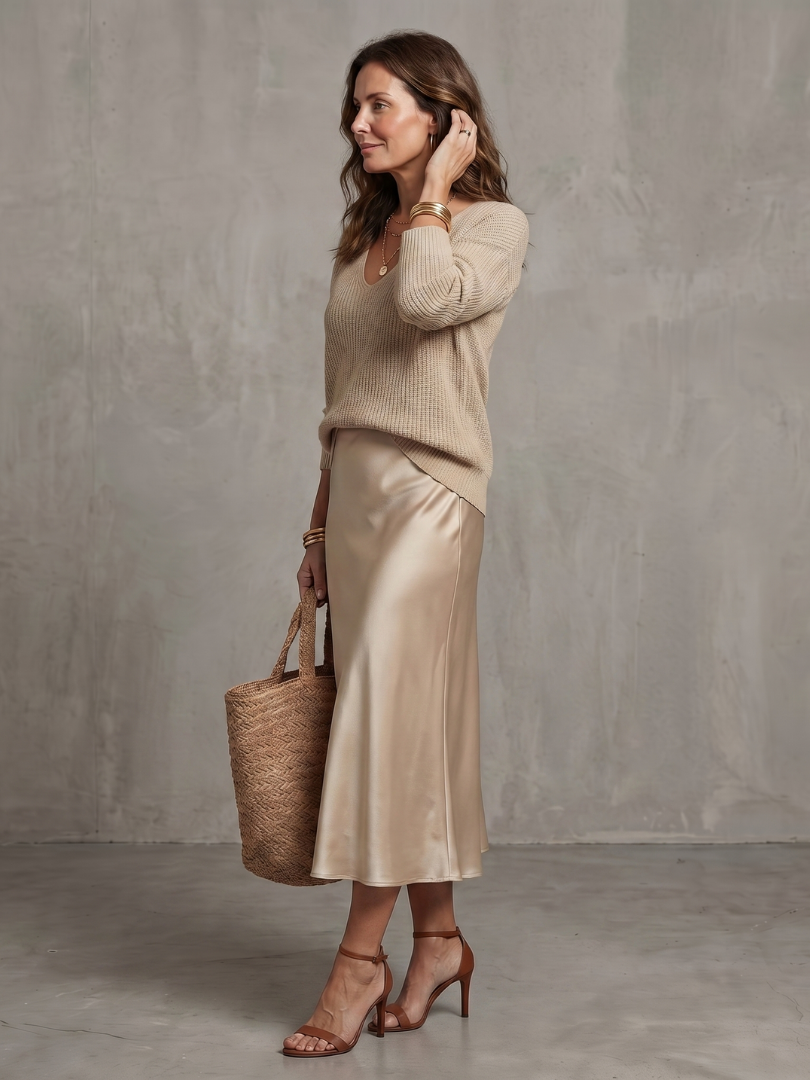 Luciana | Set Maglia e Gonna Satinata Taglio Sbieco