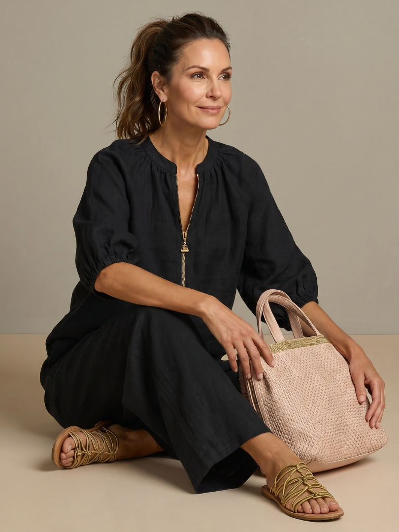 Natalia | Completo con Blusa con Zip e Pantaloni a Gamba Larga