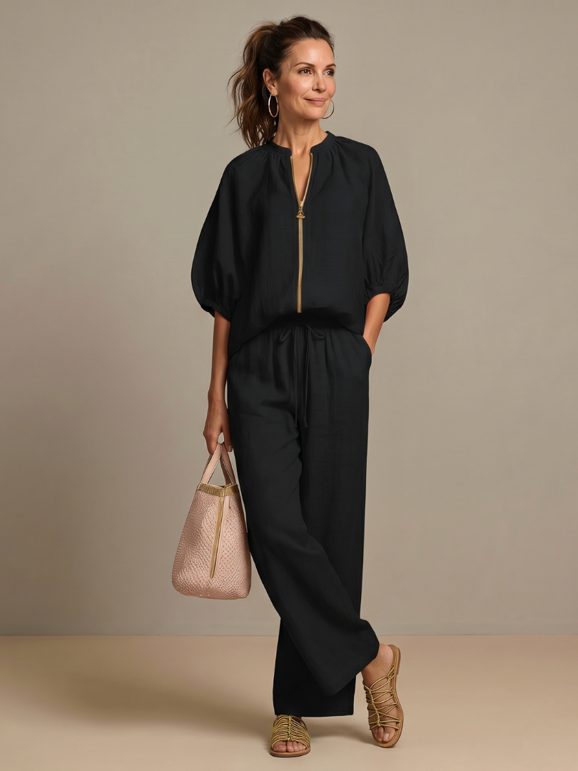 Natalia | Completo con Blusa con Zip e Pantaloni a Gamba Larga