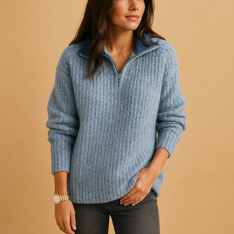 Zyvenna – Maglione a manica lunga con chiusura a mezza zip | Design a righe per dettaglio visivo | Uso quotidiano casual | Taglie XS–XL | Kaki, Grigio, Grigio chiaro, Blu, Nero