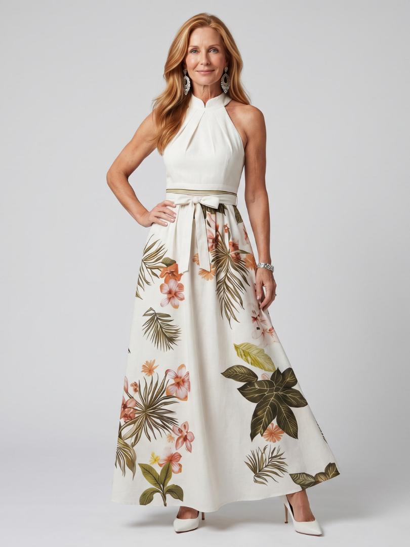 Sandra | Abito lungo con scollo all’americana drappeggiato e pannelli botanici