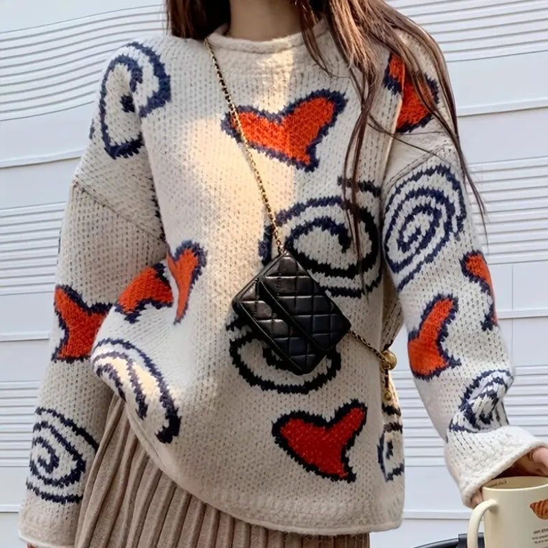Amber – Maglione oversize a maniche lunghe con scollo rotondo e design a cuore