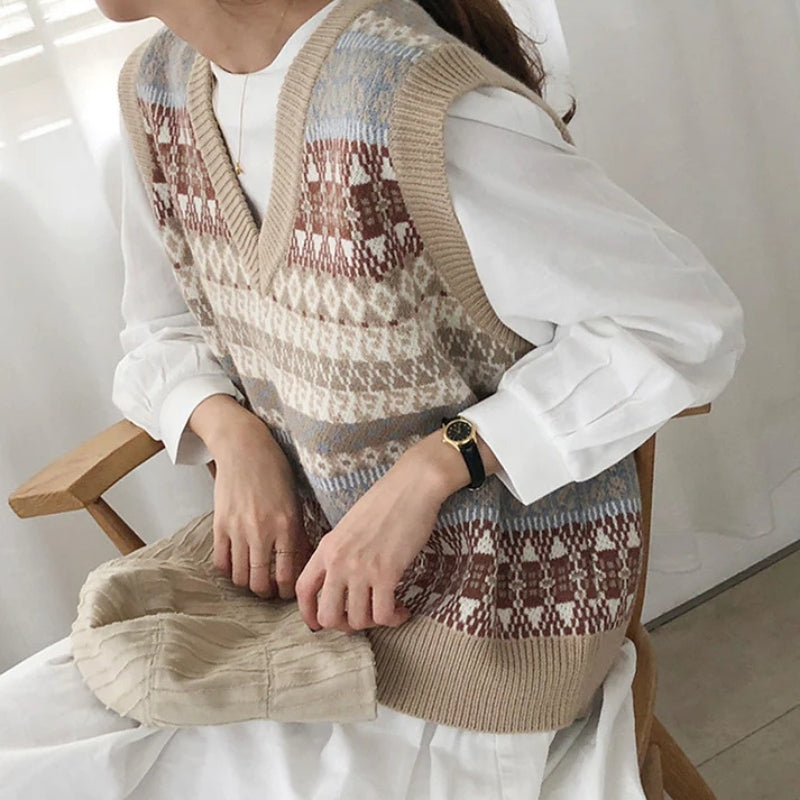 Zylah – Maglione stampato senza maniche con scollo a V e vestibilità ampia