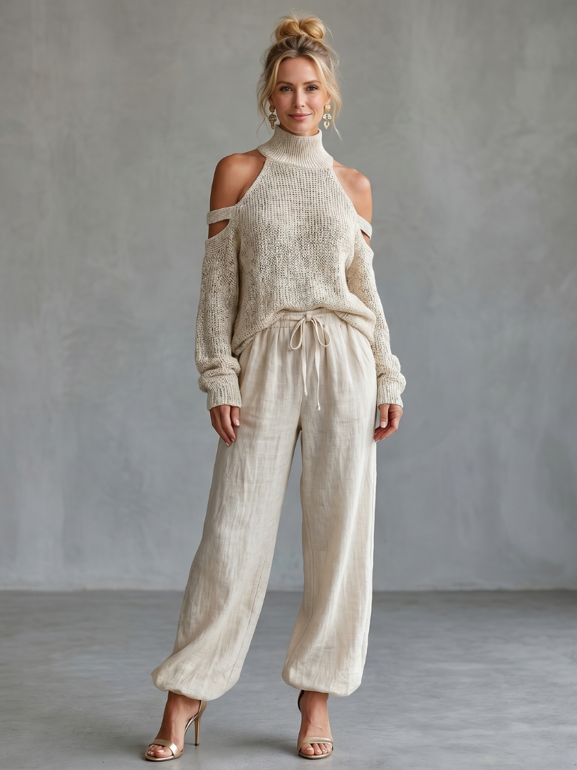 Laura | Set in Maglia con Spalle Scoperte e Pantaloni a Gamba Larga
