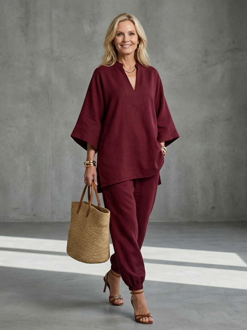 Georgiana | Completo tunica con scollo a V e pantaloni con orlo arricciato