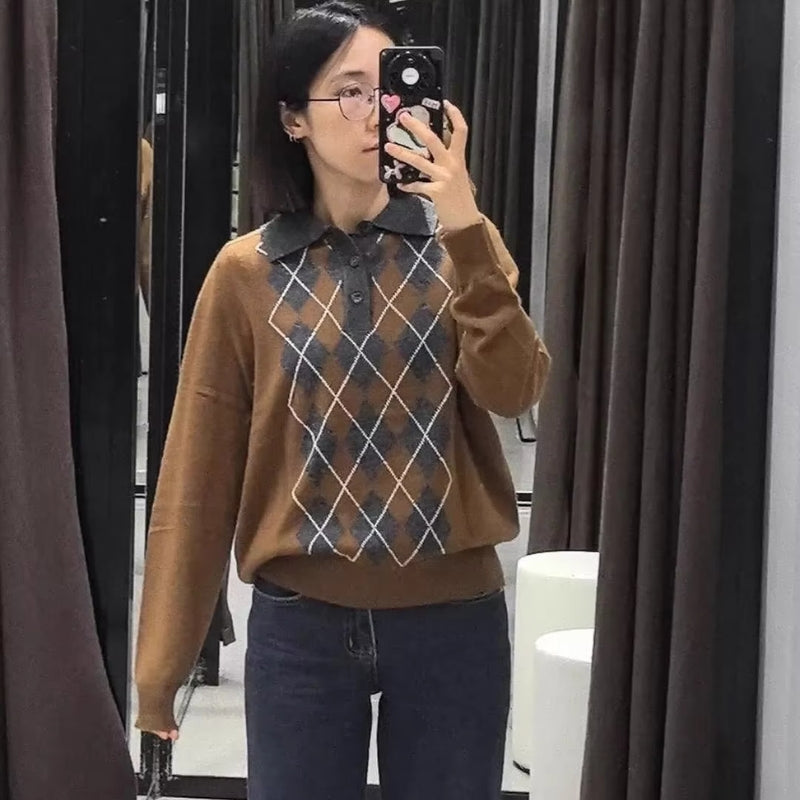 Maelis – Maglione stampato a maniche lunghe con collo polo e bottoni