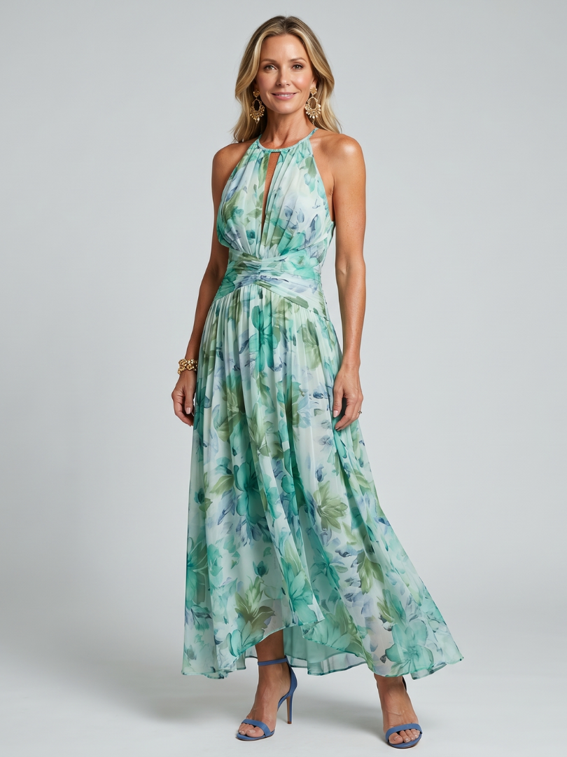 Portia | Abito Midi Plissettato Halter con Fantasia Floreale Morbida