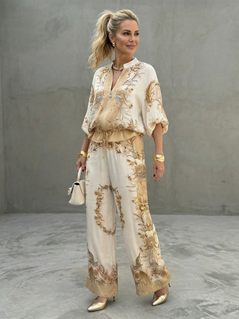 Gema | Completo Due Pezzi con Blusa Zip Front e Pantaloni Stampati