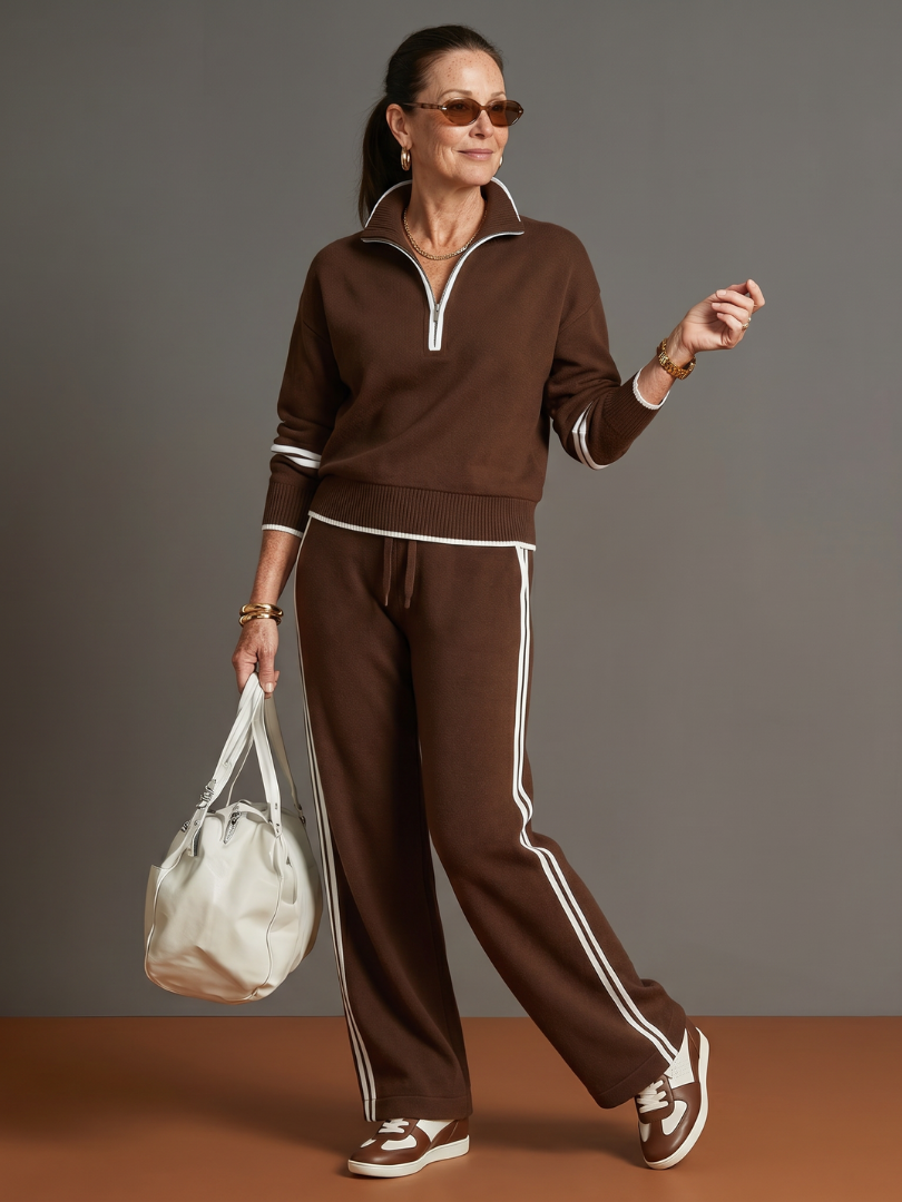Lorenza | Set con Top a Maniche Lunghe con Zip e Pantaloni a Gamba Larga con Striscia Laterale