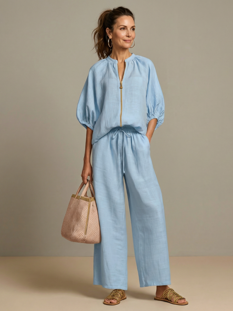 Natalia | Completo con Blusa con Zip e Pantaloni a Gamba Larga
