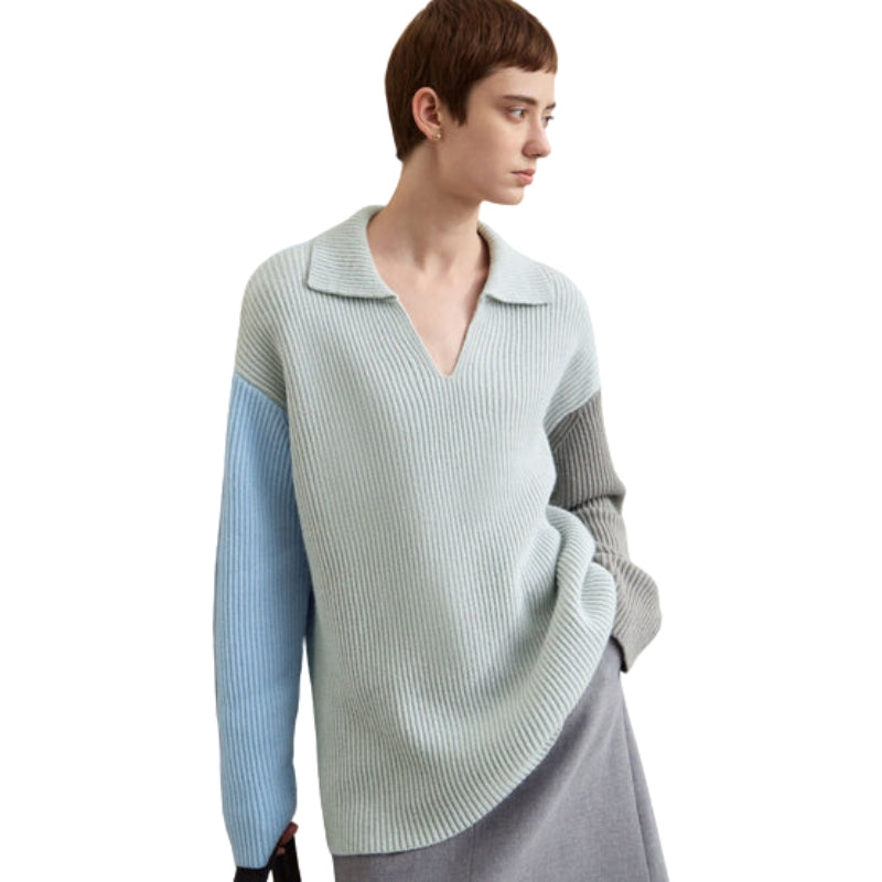 Sophia – Maglione color block con scollo a V, vestibilità ampia e spalle scese