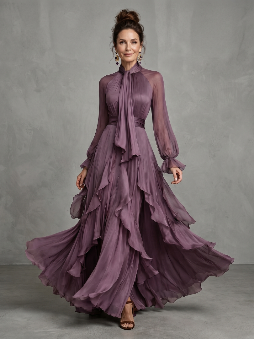 Demetria | Abito Maxi con Fiocco al Collo e Balze Stratificate
