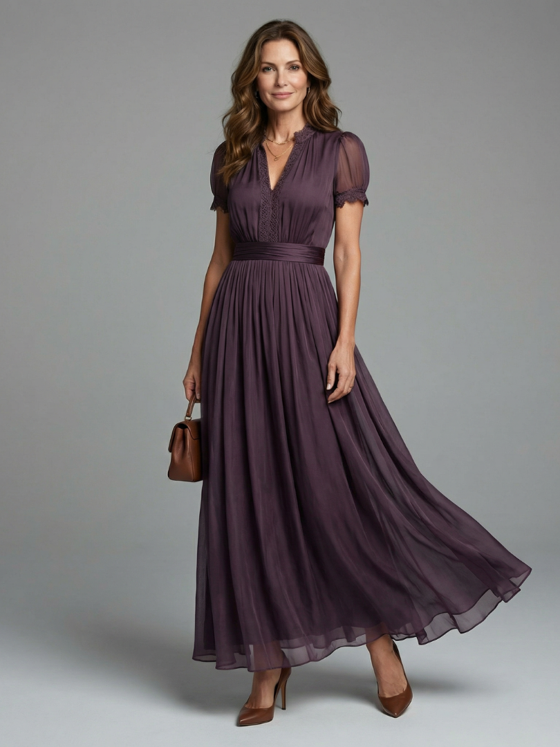 Elia | Abito Maxi con Vita Arricciata e Scollo a Goccia