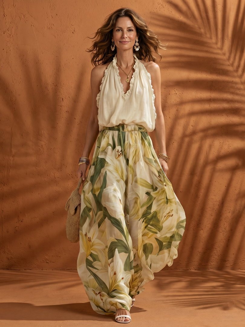 Solange | Completo con Blusa Halter e Pantaloni Floreali a Gamba Larga