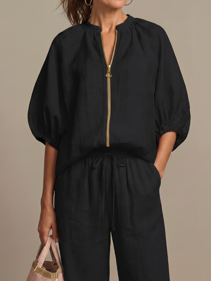 Natalia | Completo con Blusa con Zip e Pantaloni a Gamba Larga