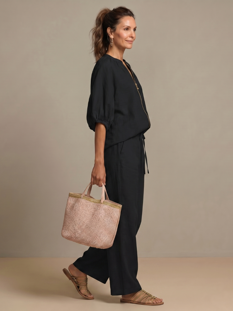 Natalia | Completo con Blusa con Zip e Pantaloni a Gamba Larga