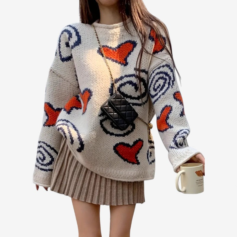 Amber – Maglione oversize a maniche lunghe con scollo rotondo e design a cuore