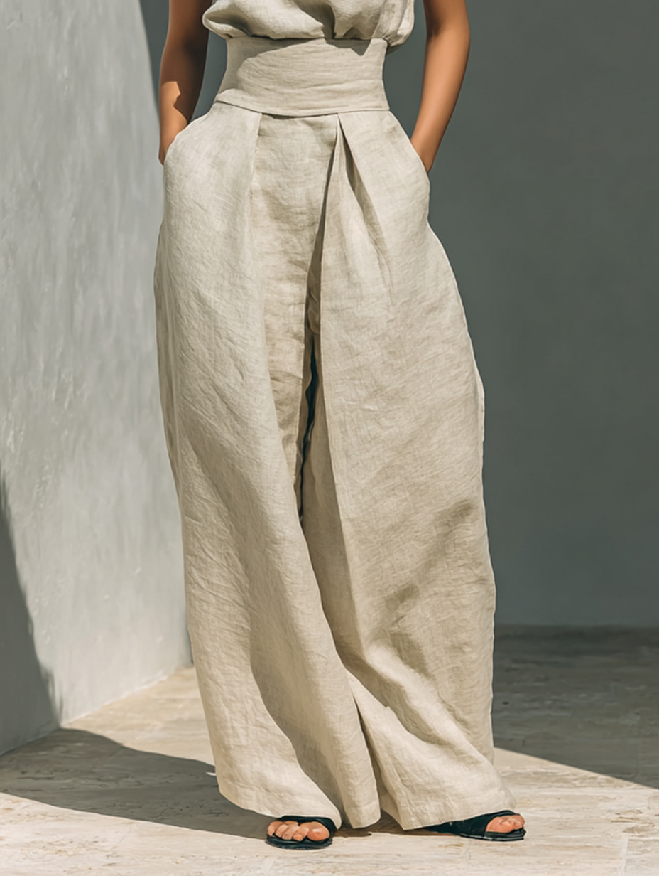 Set composto da camicetta senza maniche e pantaloni a gamba larga in misto cotone e lino.