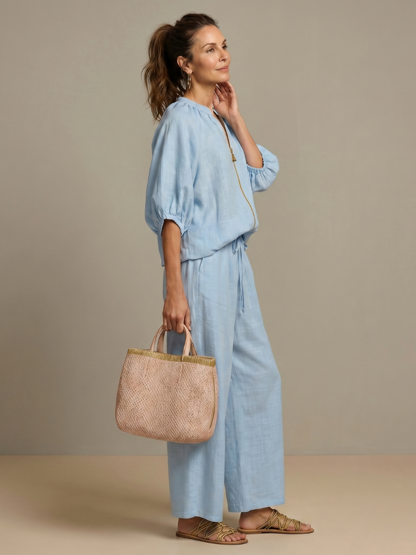 Natalia | Completo con Blusa con Zip e Pantaloni a Gamba Larga
