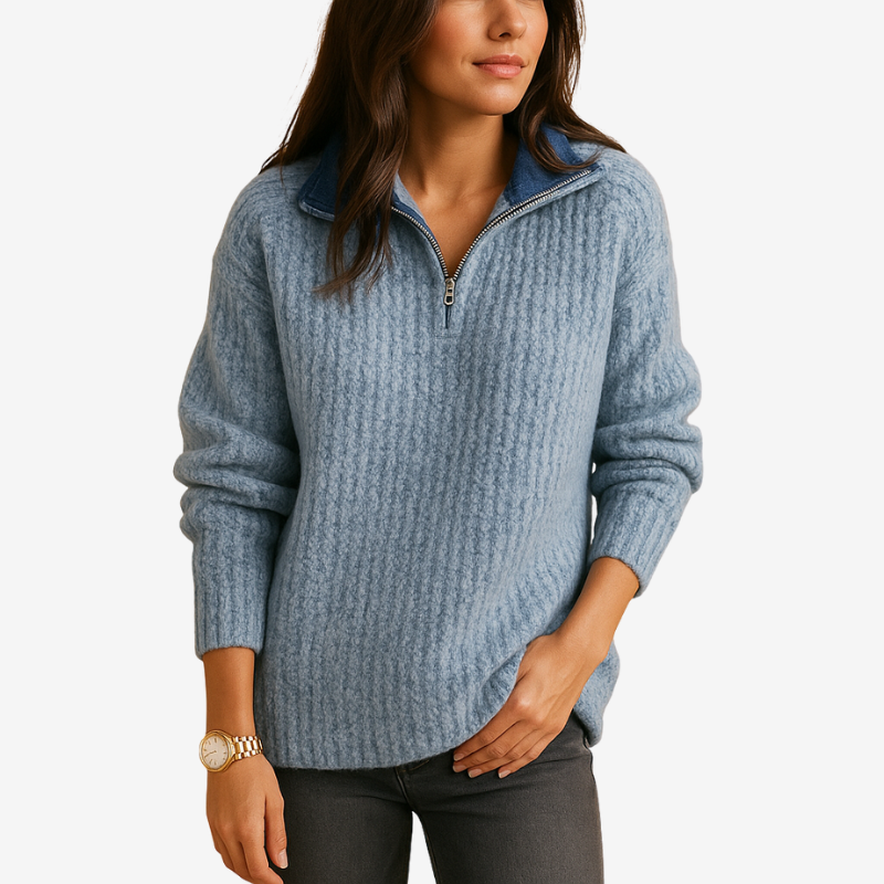 Zyvenna – Maglione a manica lunga con chiusura a mezza zip | Design a righe per dettaglio visivo | Uso quotidiano casual | Taglie XS–XL | Kaki, Grigio, Grigio chiaro, Blu, Nero