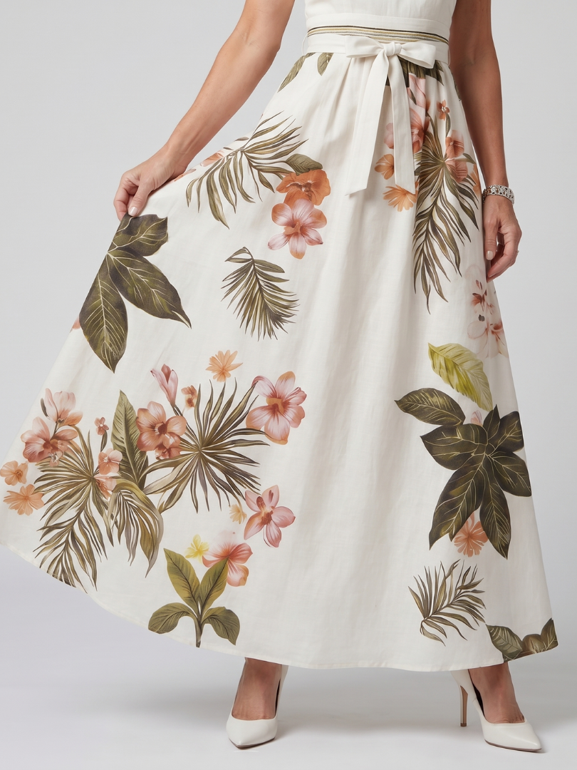 Sandra | Abito lungo con scollo all’americana drappeggiato e pannelli botanici