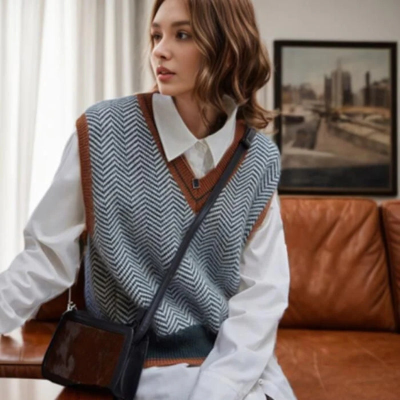 Elvira – Maglione senza maniche con motivo a zigzag e scollo a V