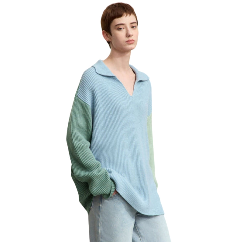 Sophia – Maglione color block con scollo a V, vestibilità ampia e spalle scese