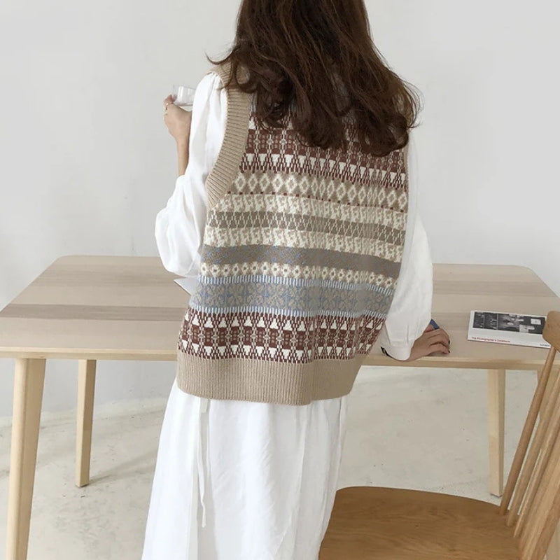 Zylah – Maglione stampato senza maniche con scollo a V e vestibilità ampia