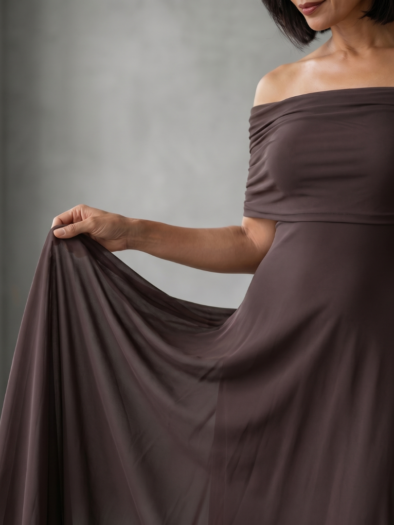 Giugno | Abito midi drappeggiato off-shoulder