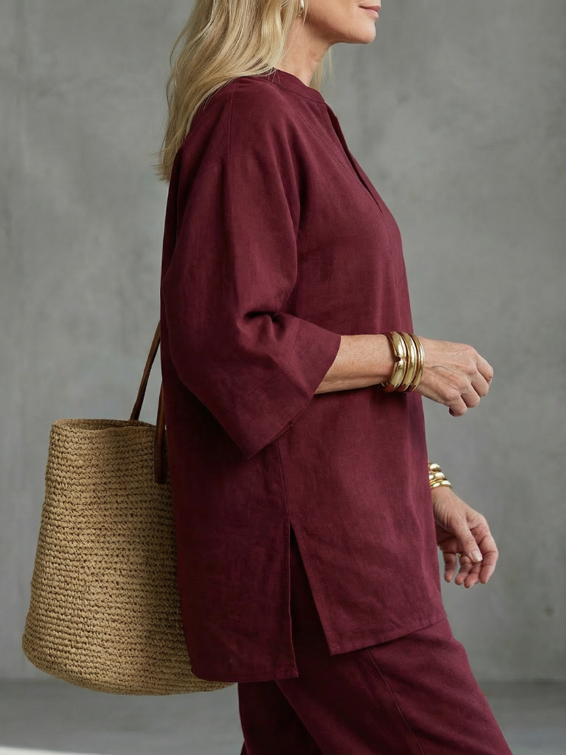 Georgiana | Completo tunica con scollo a V e pantaloni con orlo arricciato