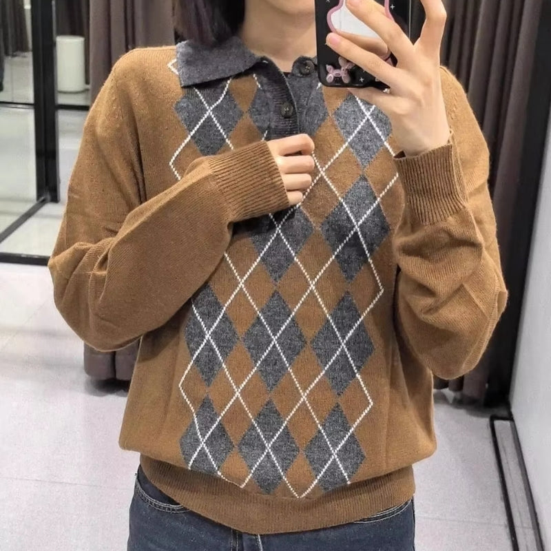 Maelis – Maglione stampato a maniche lunghe con collo polo e bottoni