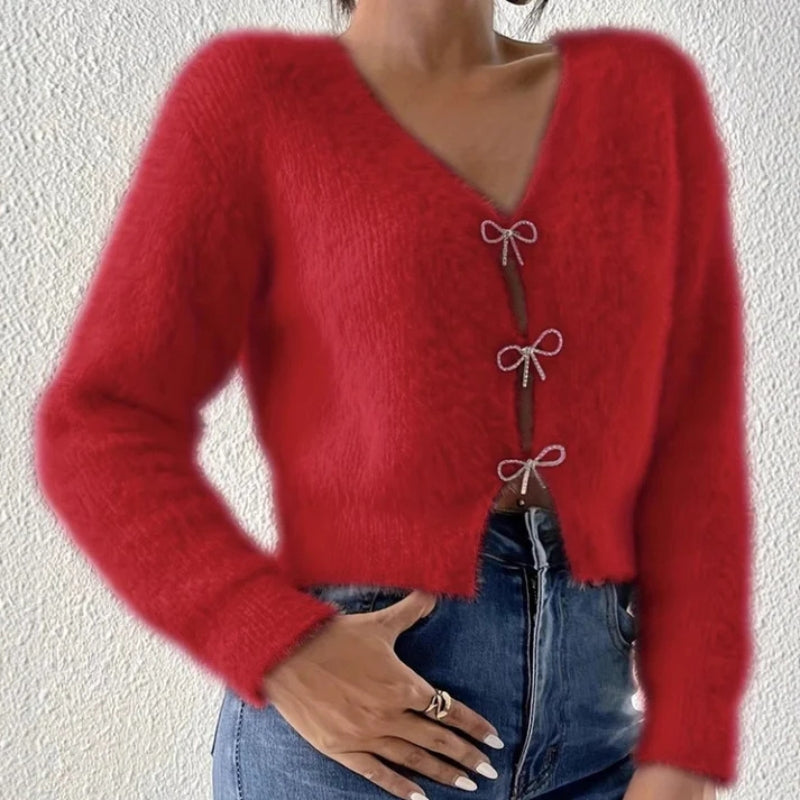 Aysel – Maglione a maniche lunghe con scollo a V e design con fiocco