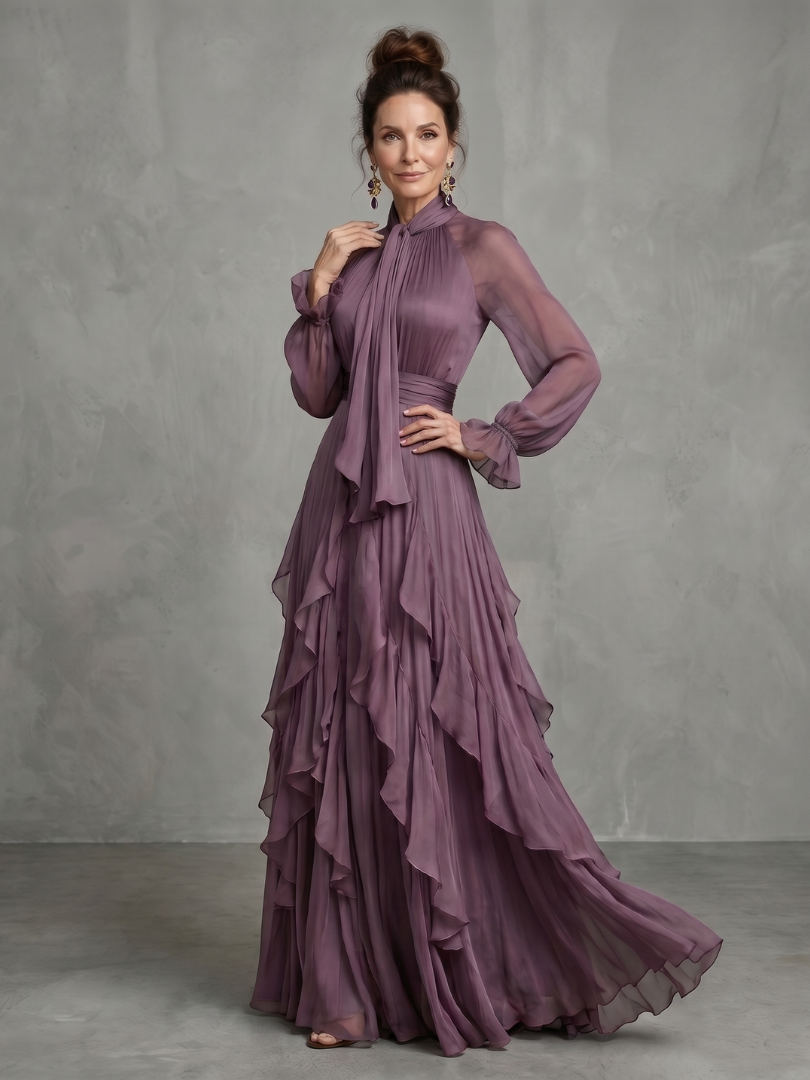 Demetria | Abito Maxi con Fiocco al Collo e Balze Stratificate