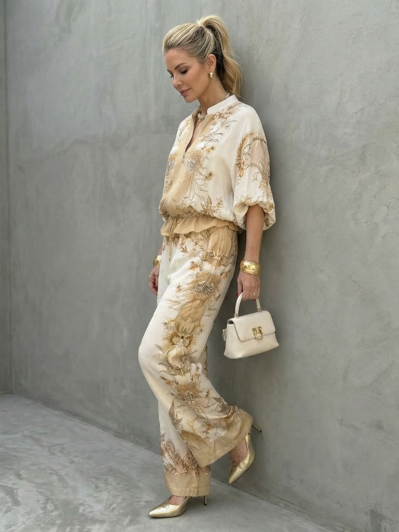Gema | Completo Due Pezzi con Blusa Zip Front e Pantaloni Stampati