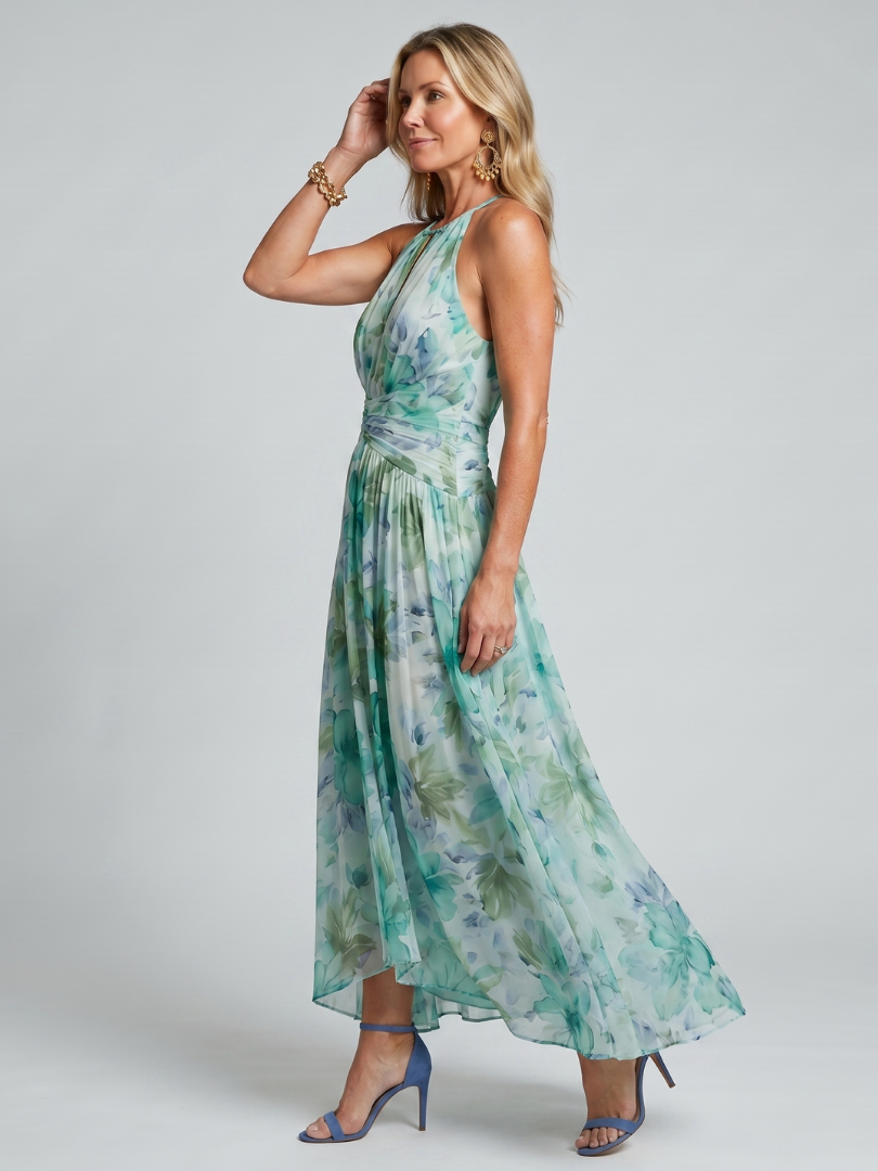 Portia | Abito Midi Plissettato Halter con Fantasia Floreale Morbida