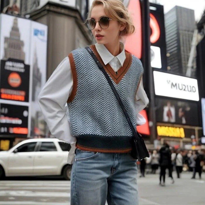 Elvira – Maglione senza maniche con motivo a zigzag e scollo a V