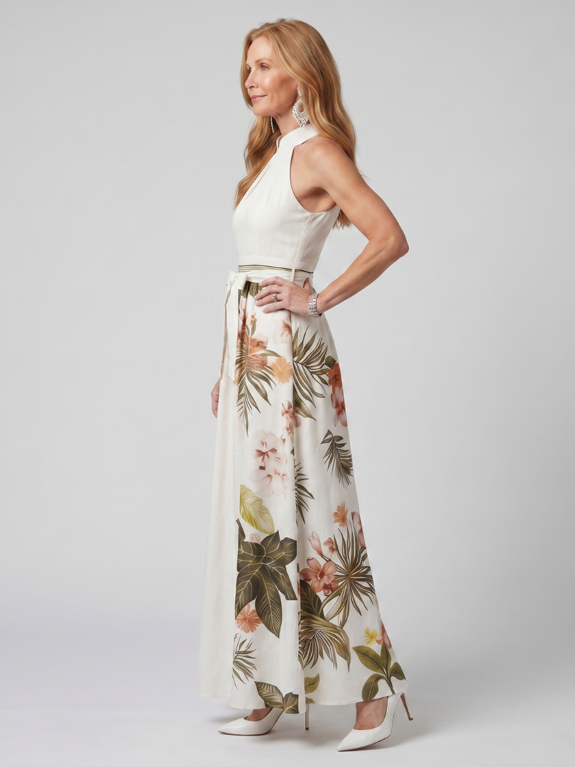 Sandra | Abito lungo con scollo all’americana drappeggiato e pannelli botanici