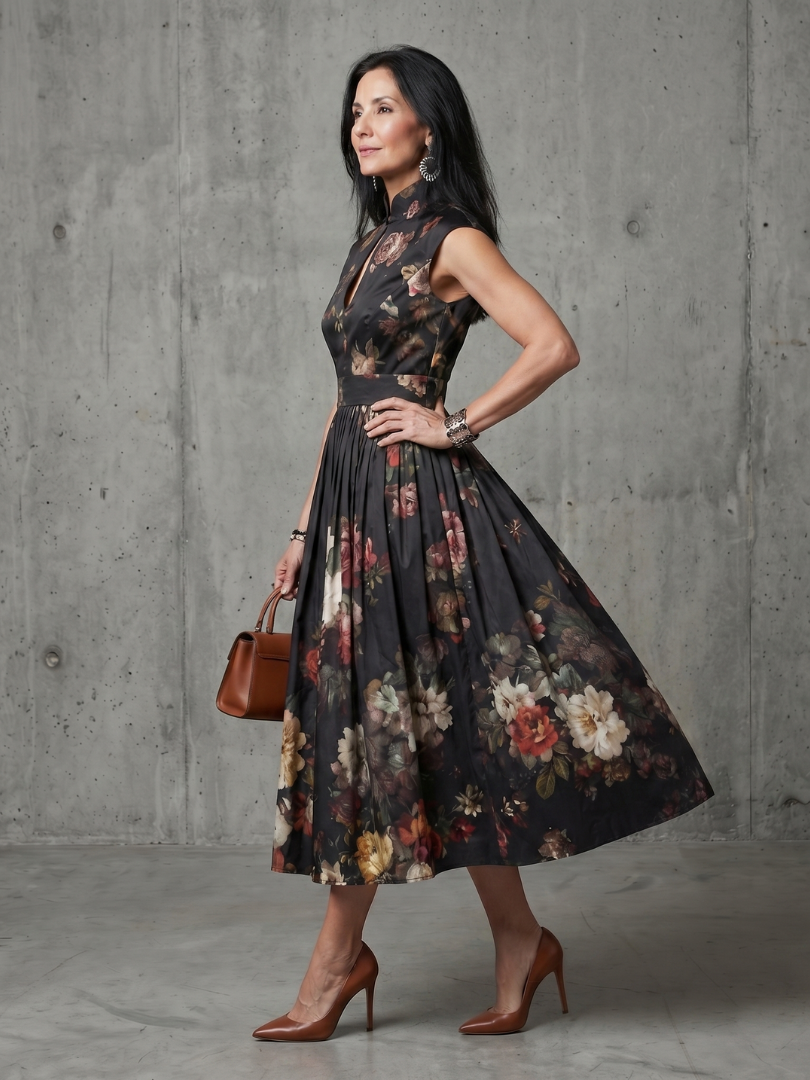 Greta | Abito midi plissettato floreale con collo alto e apertura a goccia