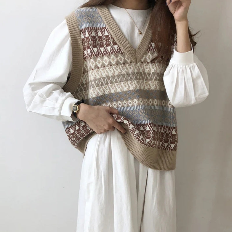 Zylah – Maglione stampato senza maniche con scollo a V e vestibilità ampia