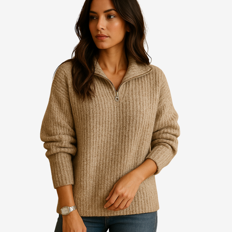 Zyvenna – Maglione a manica lunga con chiusura a mezza zip | Design a righe per dettaglio visivo | Uso quotidiano casual | Taglie XS–XL | Kaki, Grigio, Grigio chiaro, Blu, Nero